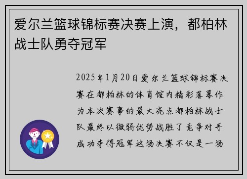 爱尔兰篮球锦标赛决赛上演，都柏林战士队勇夺冠军