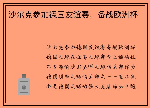 沙尔克参加德国友谊赛，备战欧洲杯
