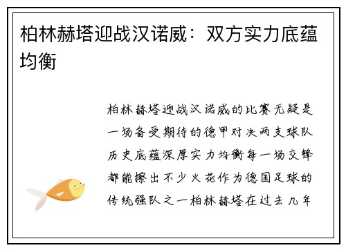 柏林赫塔迎战汉诺威：双方实力底蕴均衡