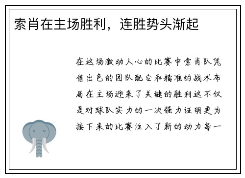 索肖在主场胜利，连胜势头渐起