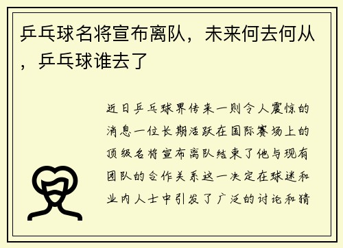 乒乓球名将宣布离队，未来何去何从，乒乓球谁去了