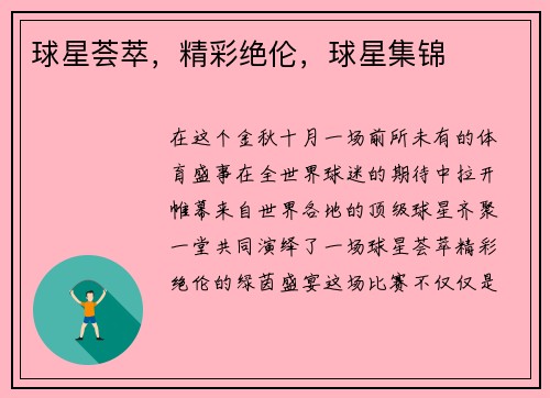 球星荟萃，精彩绝伦，球星集锦